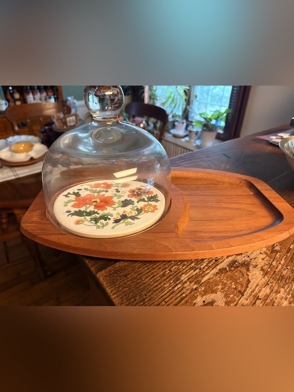 Glass Cheese Dome with Floral Ceramic Base - Orange Floral